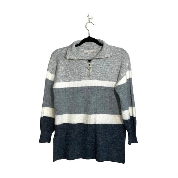 LOFT Gray & White Striped Quarter Zip Tunic Sweater Small Petite Women’s - Picture 2 of 12